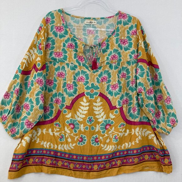 Natural Life size XL Colorful Floral Boho Festival Puff Sleeve Tie Front Blouse - Picture 1 of 9